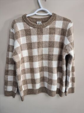 Sadie & Sage Cream and Tan Buffalo Check Crewneck Sweater